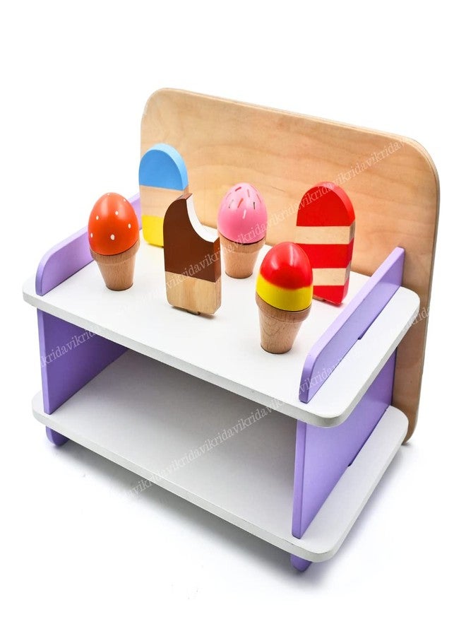 VikriDA Wooden Serve Ice Cream Counter Set for Kids, Play Ice Cream Cart Toy for Toddlers, Pretend Play Food Toys Accessories - Image 5
